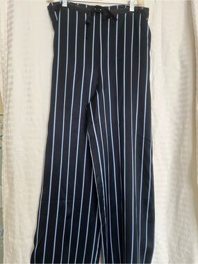 Escada Navy Wide-Leg Pants with Light Blue Pinstripes